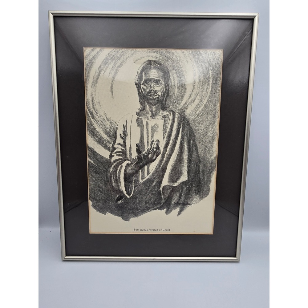 S Mackay Sumatanga Portrait of Christ Print 13x16 Framed‎ Silver Black Good